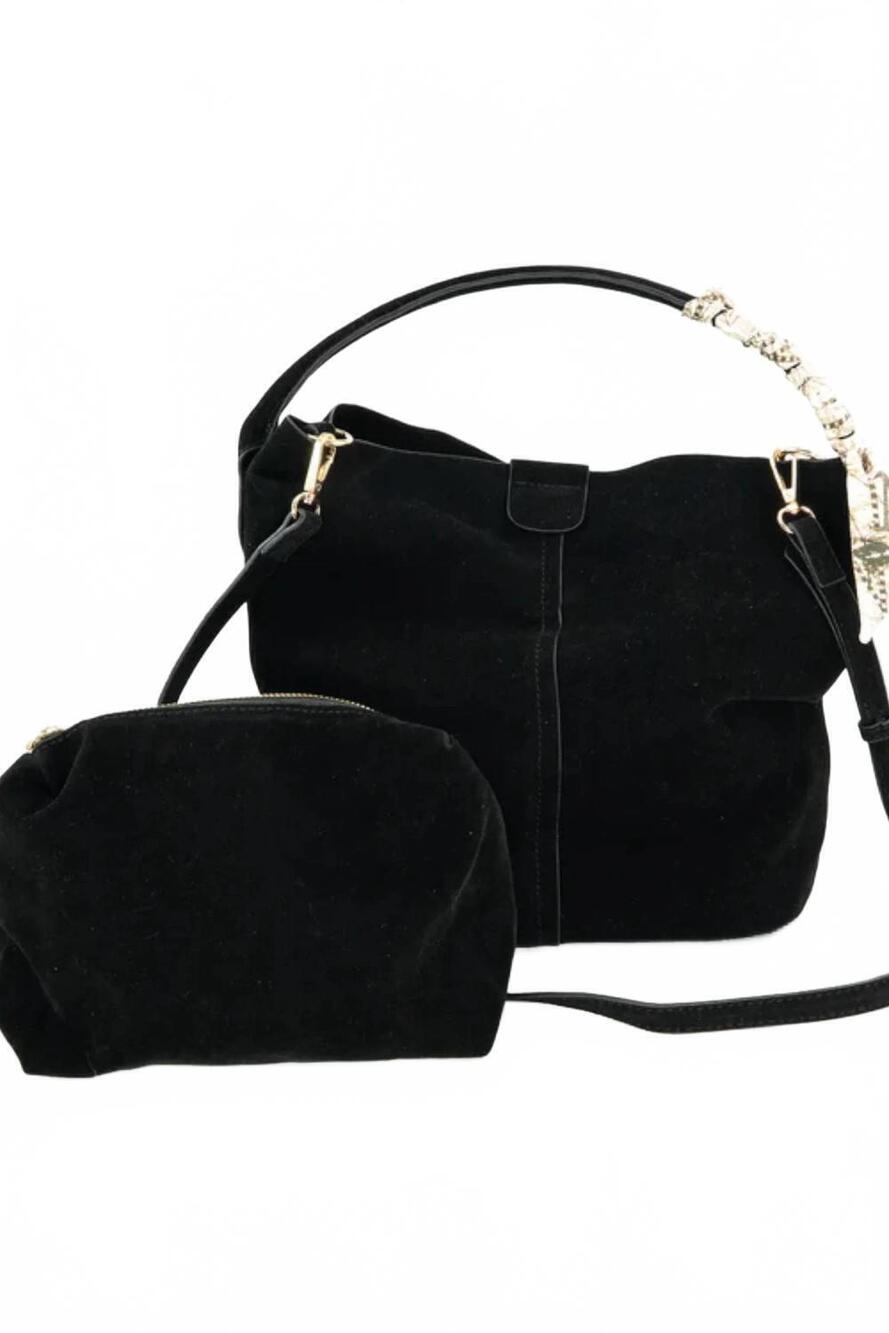 NEW BC HANDBAGS women's large faux suede bag with ribbon detail in black